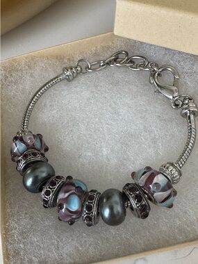 Isabella Couture Silvertone Bead Charm Bracelet with Purple-Blue Glass Beads